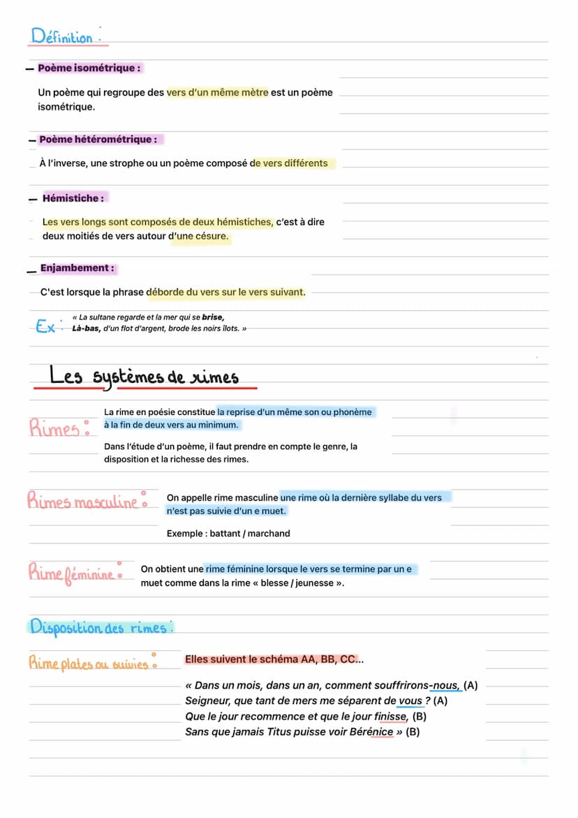 Les strophes et les vers
Strophe:
Ensemble de vers regroupés par un système de rimes et
possédant la plupart du temps une unité de temps et 