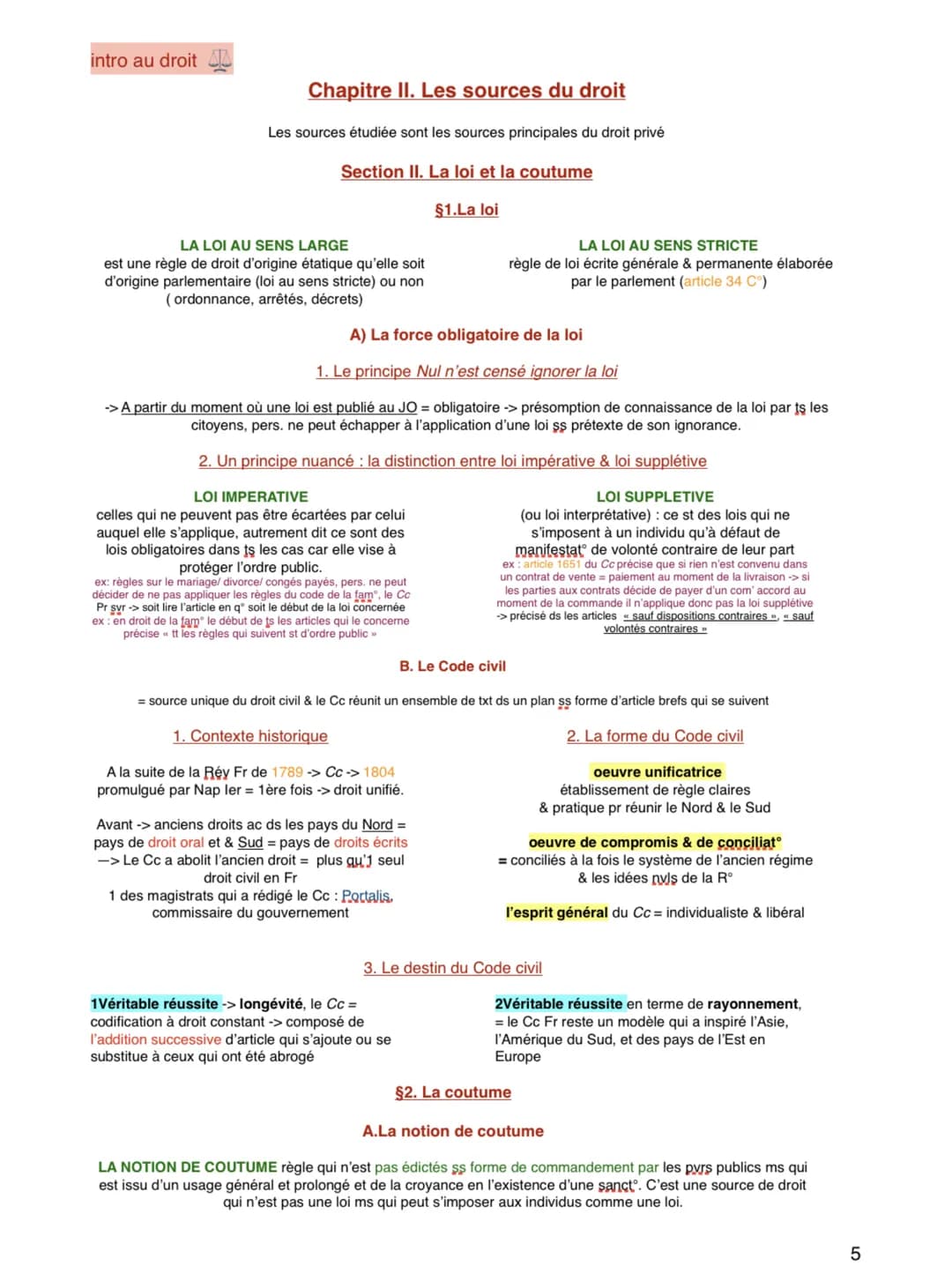 intro au droit AA
Chapitre II. Les sources du droit
Les sources étudiée sont les sources principales du droit privé
Section II. La loi et la