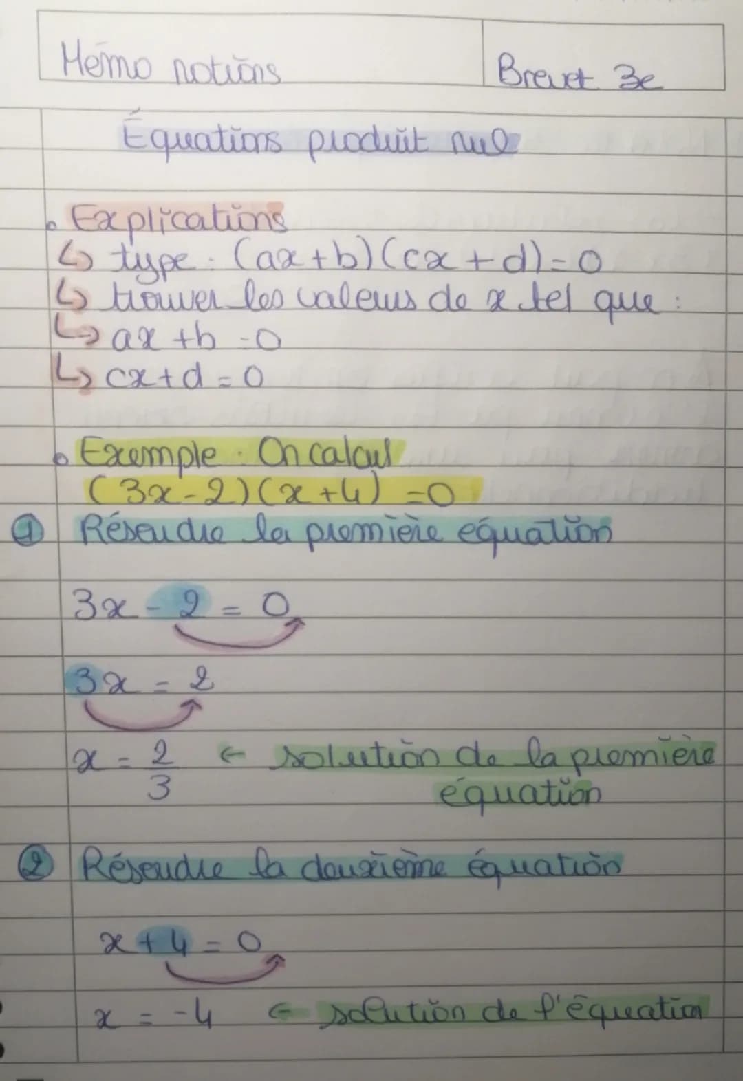 D
Hemo notions
Brevet Be
Equations produit nul
Explications
6 type. (ax+b) (cx+d)=0
↳ trouver les valeurs de x tel que
Gax+b-o
4 cx+d=0
Exem