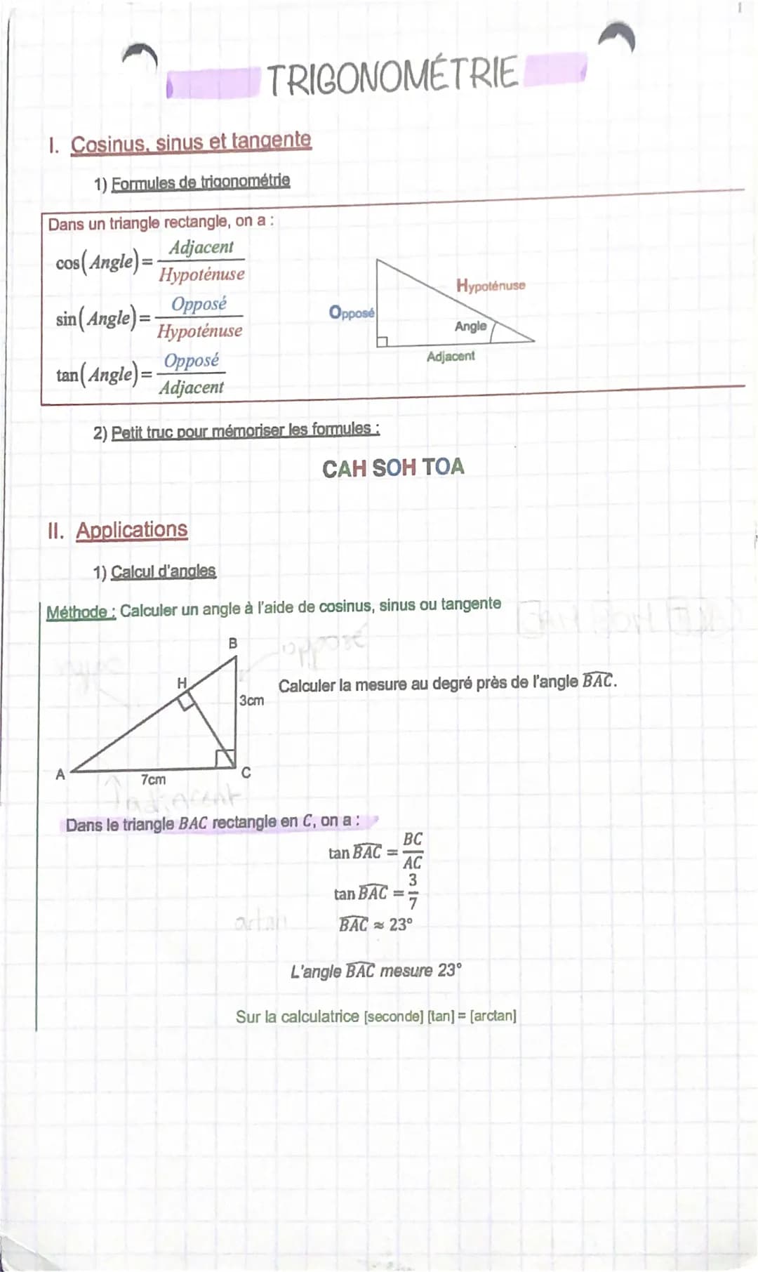 1. Cosinus. sinus et tangente
1) Formules de trigonométrie
Dans un triangle rectangle, on a :
Adjacent
cos(Angle) =
Hypoténuse
sin (Angle) =