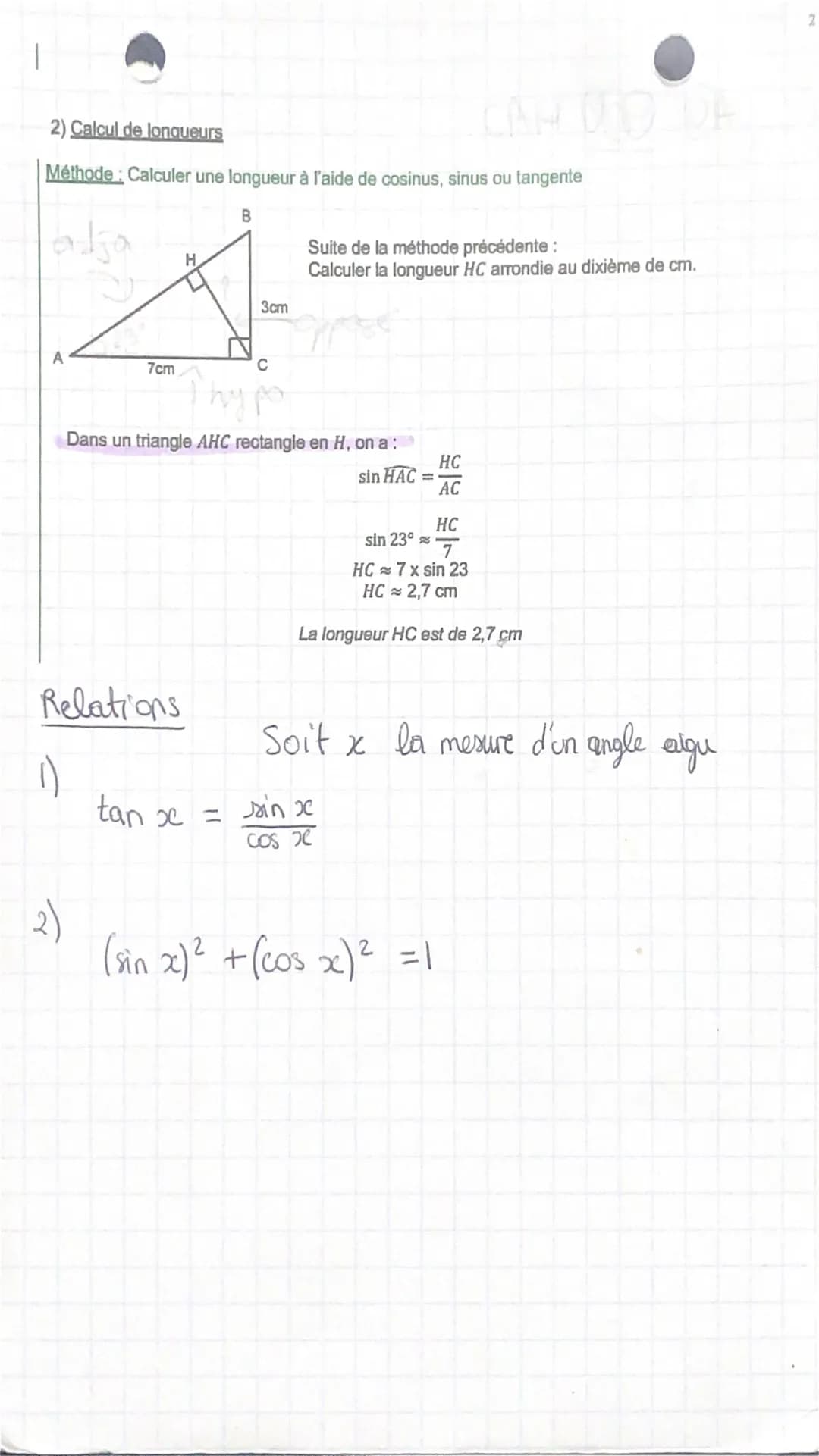 1. Cosinus. sinus et tangente
1) Formules de trigonométrie
Dans un triangle rectangle, on a :
Adjacent
cos(Angle) =
Hypoténuse
sin (Angle) =