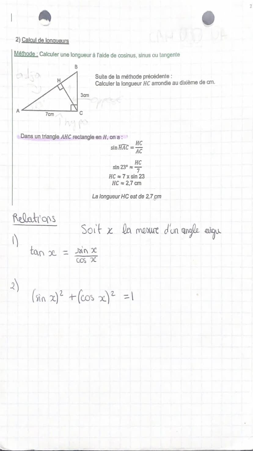 1. Cosinus. sinus et tangente
1) Formules de trigonométrie
Dans un triangle rectangle, on a :
Adjacent
cos(Angle) =
Hypoténuse
sin (Angle) =