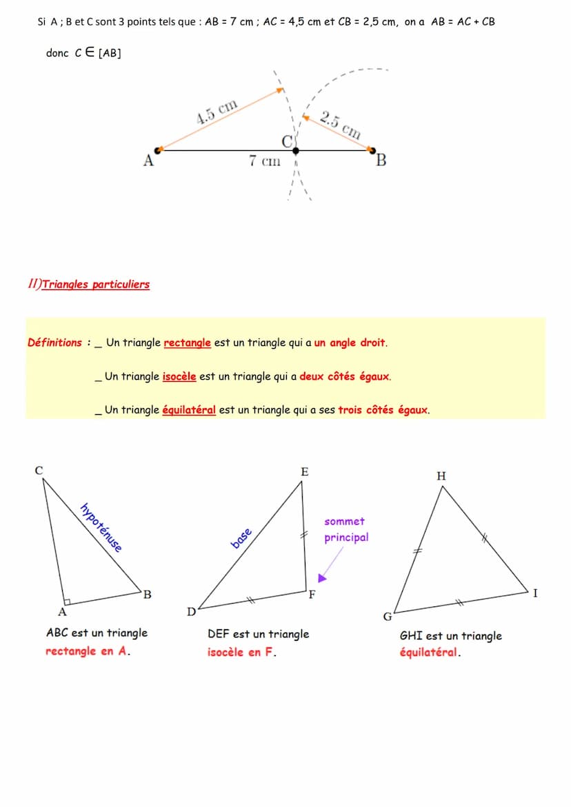 Leçon G1
I) Inégalité triangulaire
Soient A; B et M 3 points du plan, on a :
Inégalité triangulaire, triangles
AB= AM + MB lorsque M E [AB]
