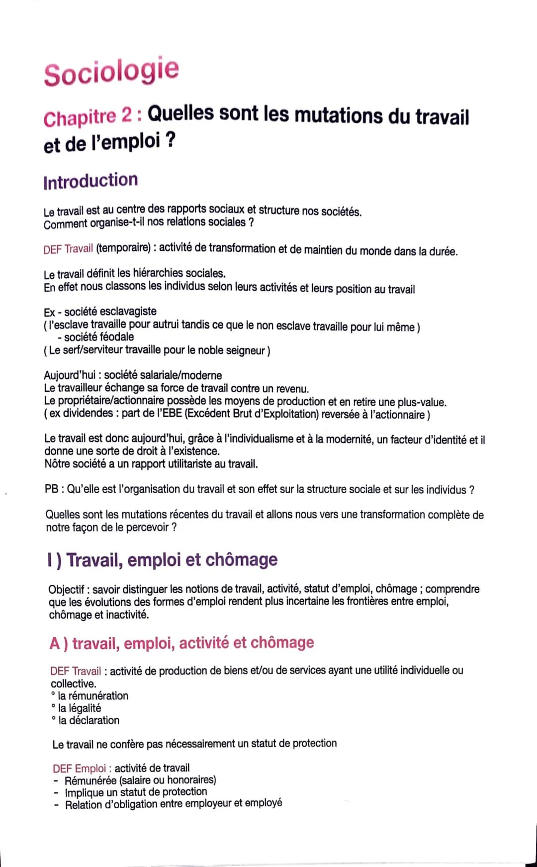 Sociologie
Chapitre 2 : Quelles sont les mutations du travail
et de l'emploi ?
Introduction
Le travail est au centre des rapports sociaux et