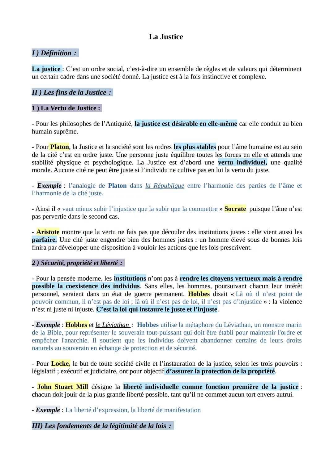 # La Justice

I) Définition:

La justice: C'est un ordre social, c'est-à-dire un ensemble de règles et de valeurs qui déterminent
un certain