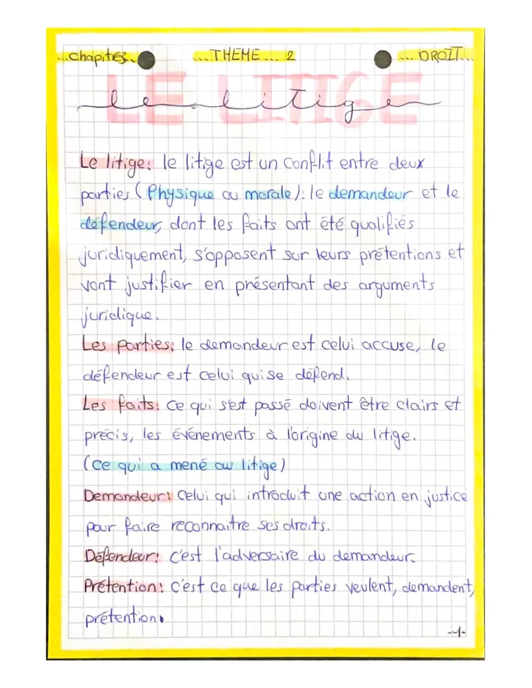 THEME 2
llage
Chapities..
... DROIT....
Le litige: le litige est un conflit entre deux
parties (Physique ou morale): le demandour et le
defe