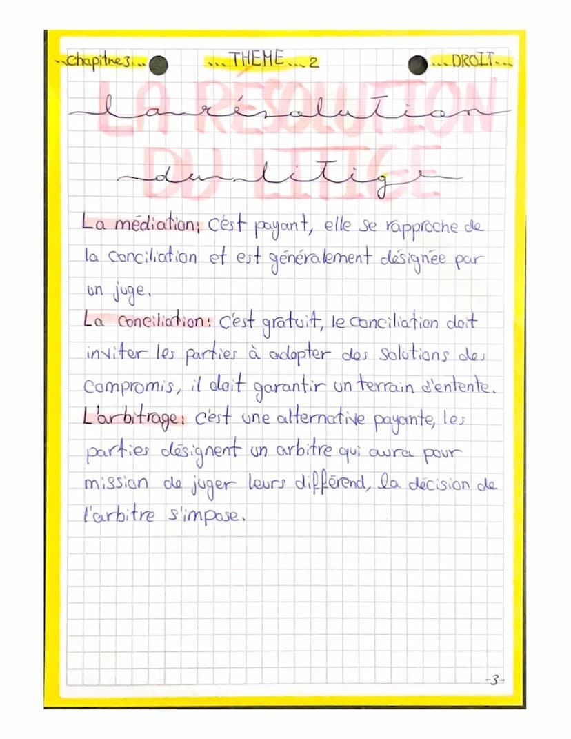 THEME 2
llage
Chapities..
... DROIT....
Le litige: le litige est un conflit entre deux
parties (Physique ou morale): le demandour et le
defe