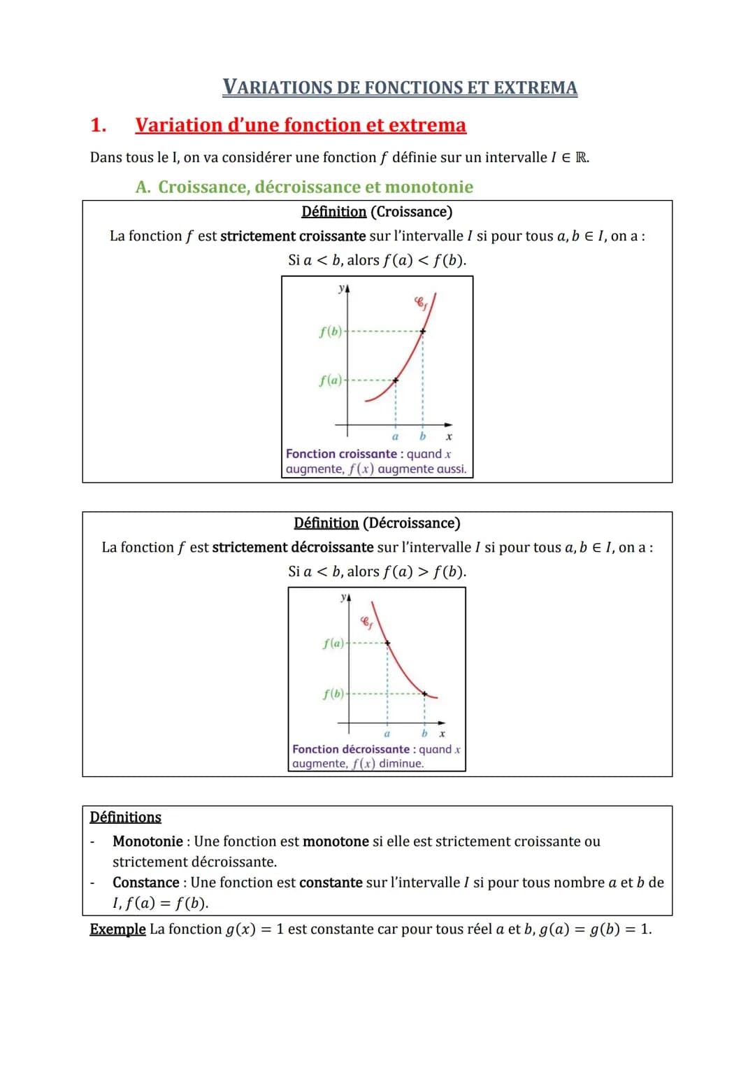 VARIATIONS DE FONCTIONS ET EXTREMA
1. Variation d'une fonction et extrema
Dans tous le I, on va considérer une fonction f définie sur un int