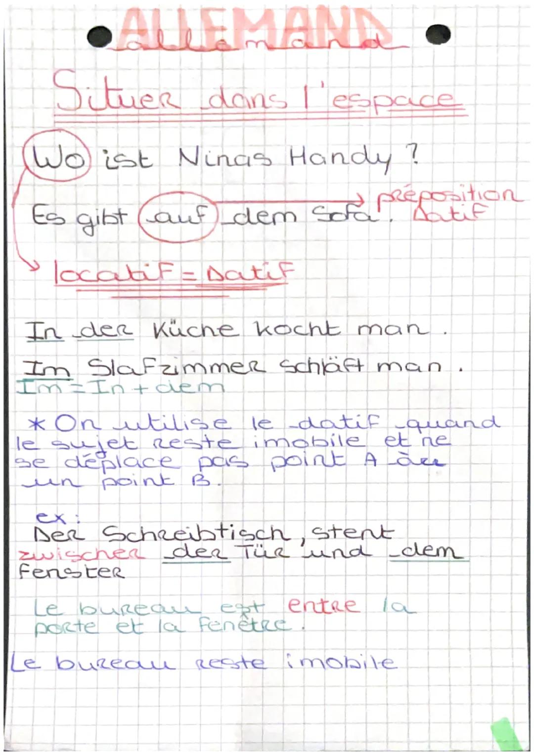 # ALLEMANN

Situer dans l'espace

Wo ist Ninas Handy?

préposition
Es gibt auf dem soa. Latif

locatif = Datif

In der Küche kocht man.

Im 