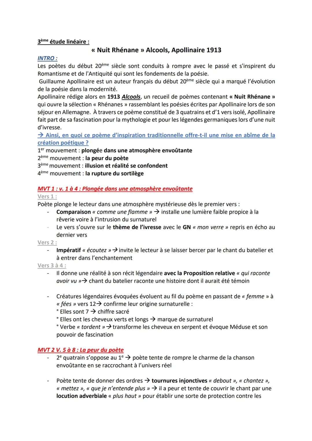 3ème étude linéaire :
<< Nuit Rhénane » Alcools, Apollinaire 1913
INTRO:
Les poètes du début 20ème siècle sont conduits à rompre avec le pas