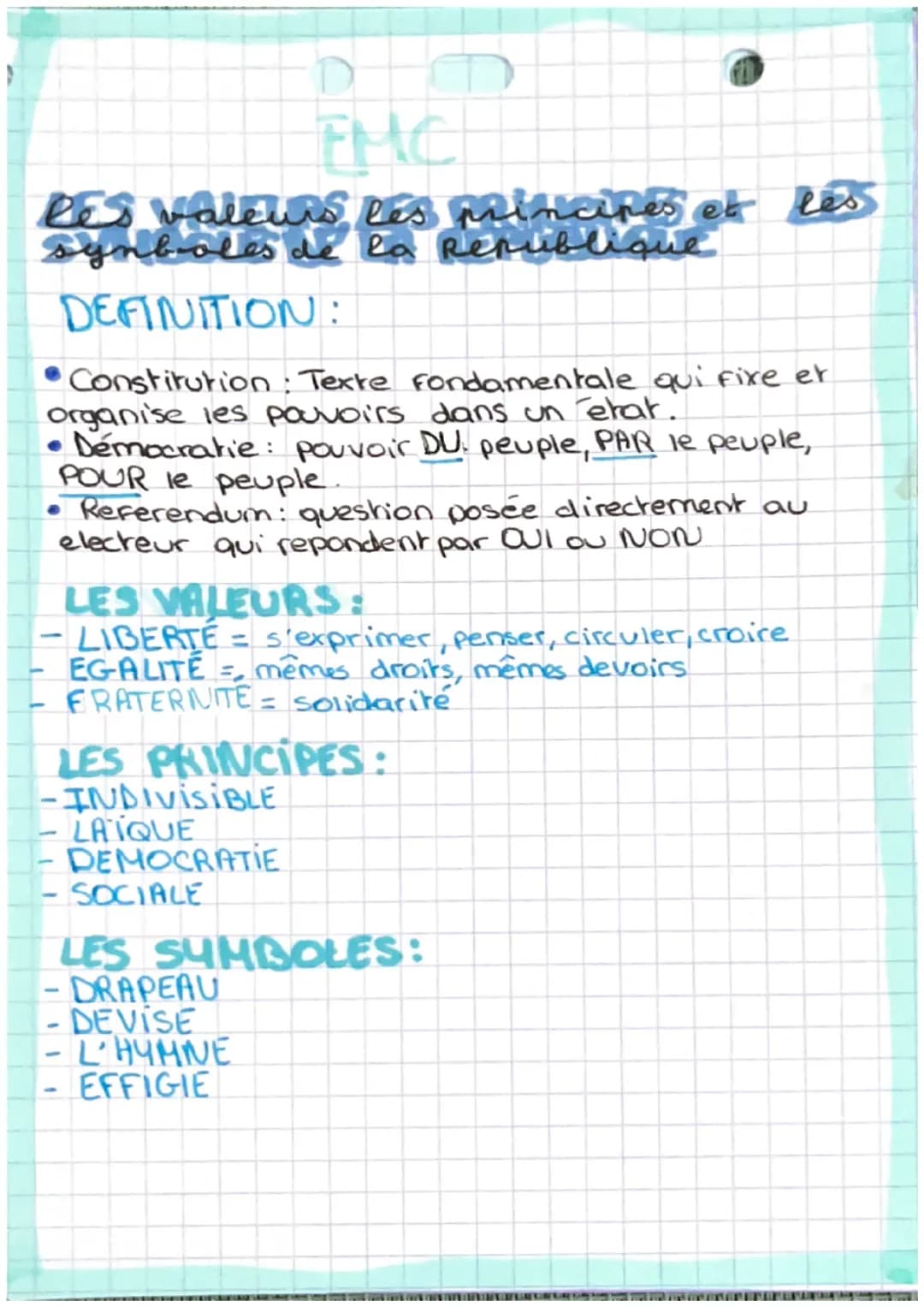 FMC
Res valeurs les principes et les
symboles de la Republique
DEFINITION:
Constitution: Texte fondamentale qui fixe et
organise les paroirs