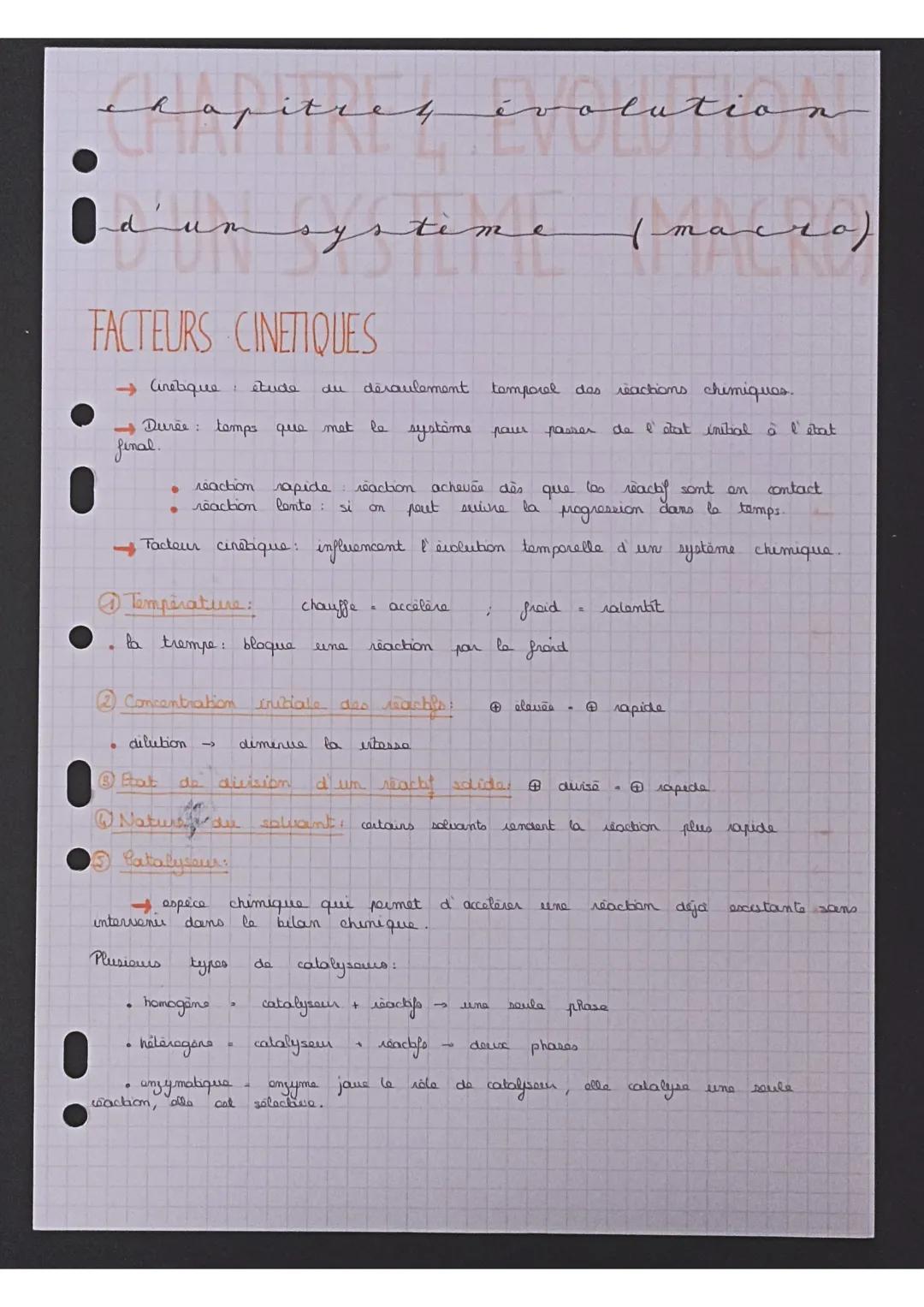 # chapitres évolution

d'un système (macro)

FACTEURS CINETIQUES

→Cinetique : étude du déroulement temporel das reactions chimiquos.

→Duré