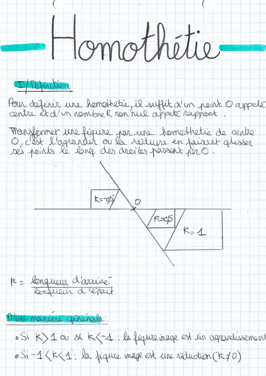 -Homothétie
I/ Definition
Pour definir une hemothetie, il suffit d'un point O appele
centre et d'un nombre R non nul appete rappent
Transfor