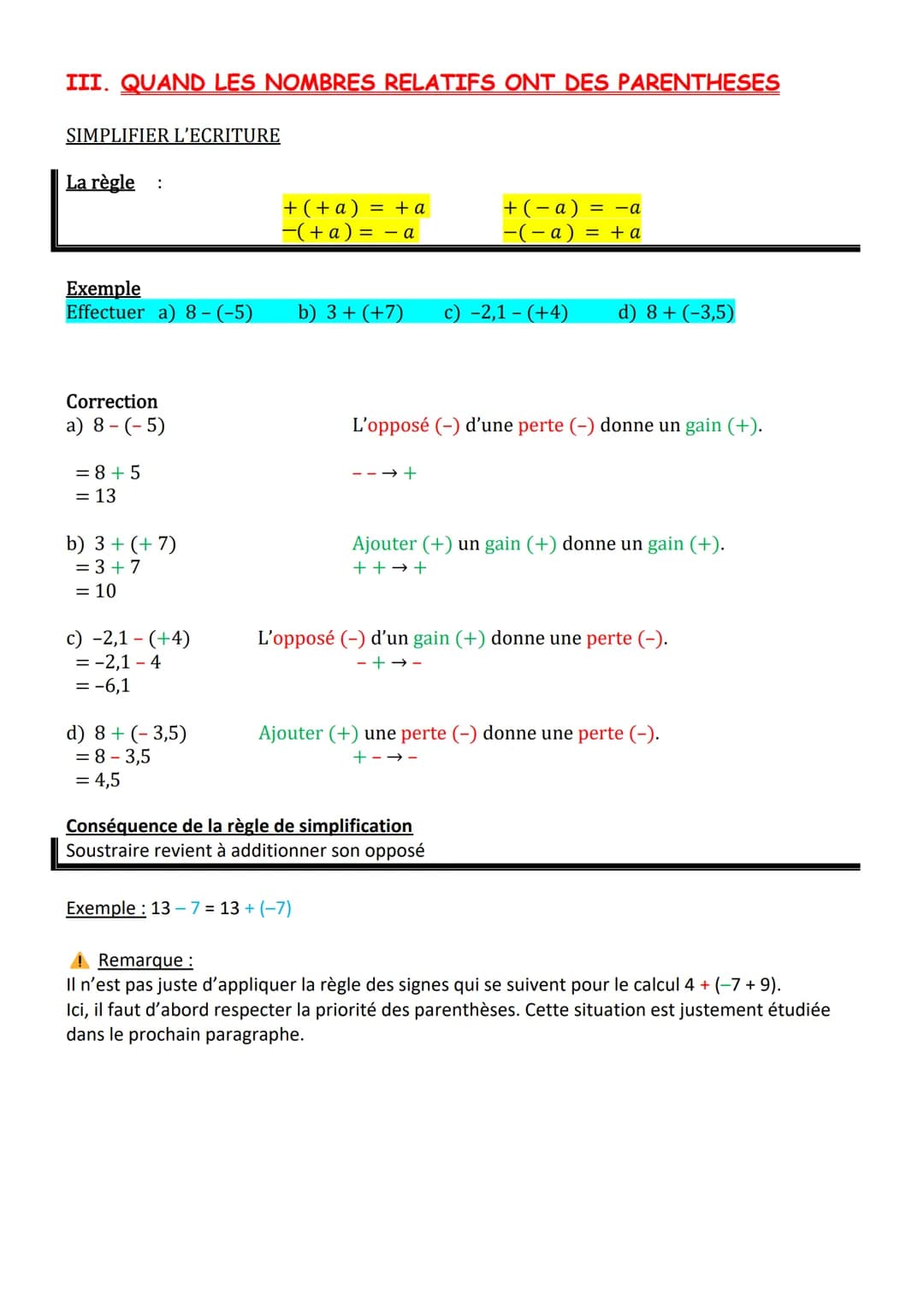 I. LES PREMIERS CALCULS
Exemples:
Calculer: a) -3 +8
Correction
a) -3 + 8
= 5
b)-2-7
= -9
c) 3-9
=-6
5C6 - LES NOMBRES RELATIFS
d) 4 + 7
= 1