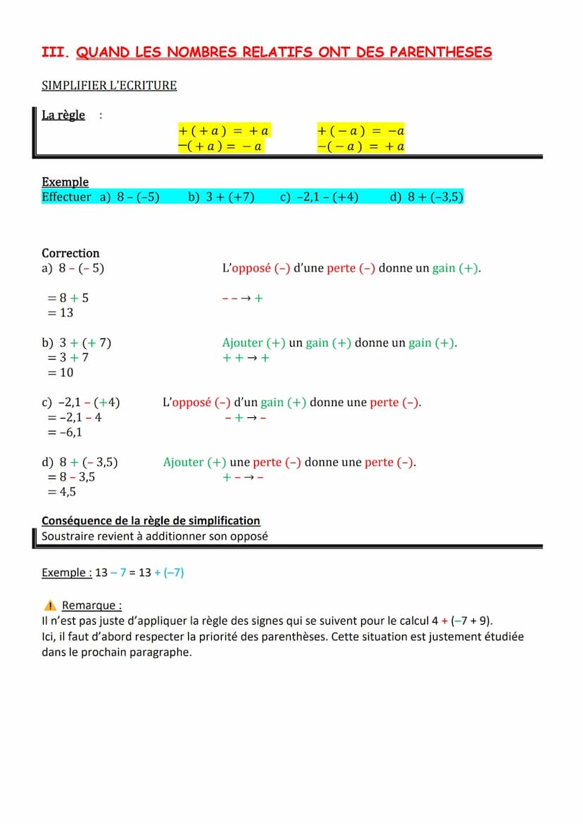 I. LES PREMIERS CALCULS
Exemples:
Calculer: a) -3 +8
Correction
a) -3 + 8
= 5
b)-2-7
= -9
c) 3-9
=-6
5C6 - LES NOMBRES RELATIFS
d) 4 + 7
= 1