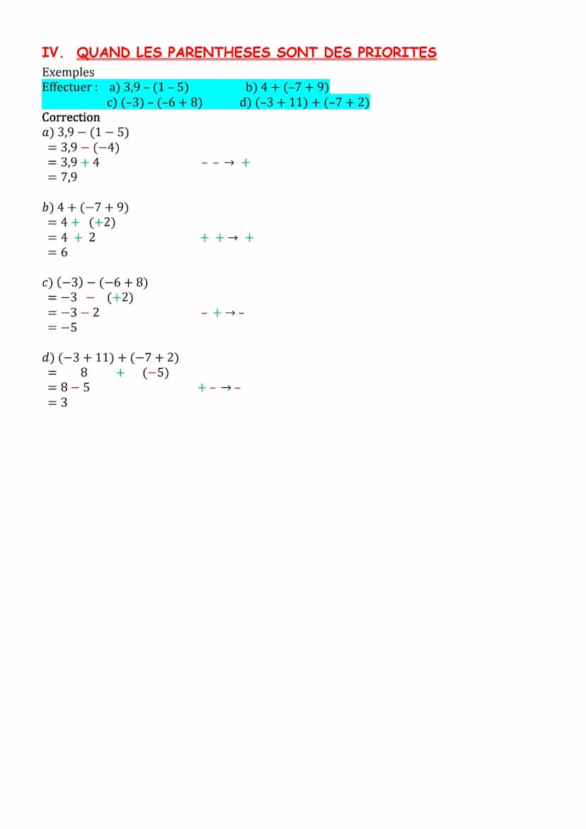 I. LES PREMIERS CALCULS
Exemples:
Calculer: a) -3 +8
Correction
a) -3 + 8
= 5
b)-2-7
= -9
c) 3-9
=-6
5C6 - LES NOMBRES RELATIFS
d) 4 + 7
= 1