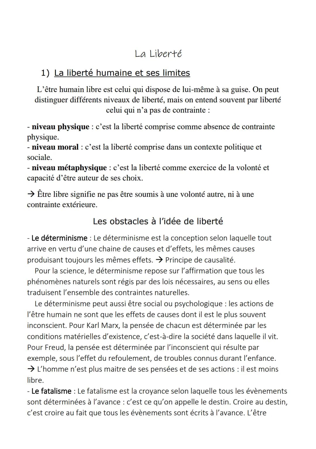 La Liberté
1) La liberté humaine et ses limites
L'être humain libre est celui qui dispose de lui-même à sa guise. On peut
distinguer différe