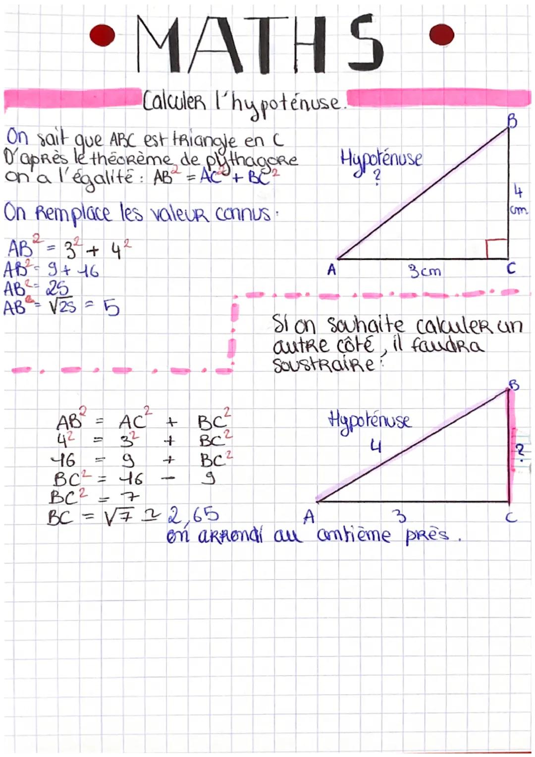 # MATHS

Calculer l'hypotenuse.

On sait que ABC est triangle en C
D'après le théorème de plythagore
on a l'égalité: $AB^2 = AC^2 + BC^2$

O