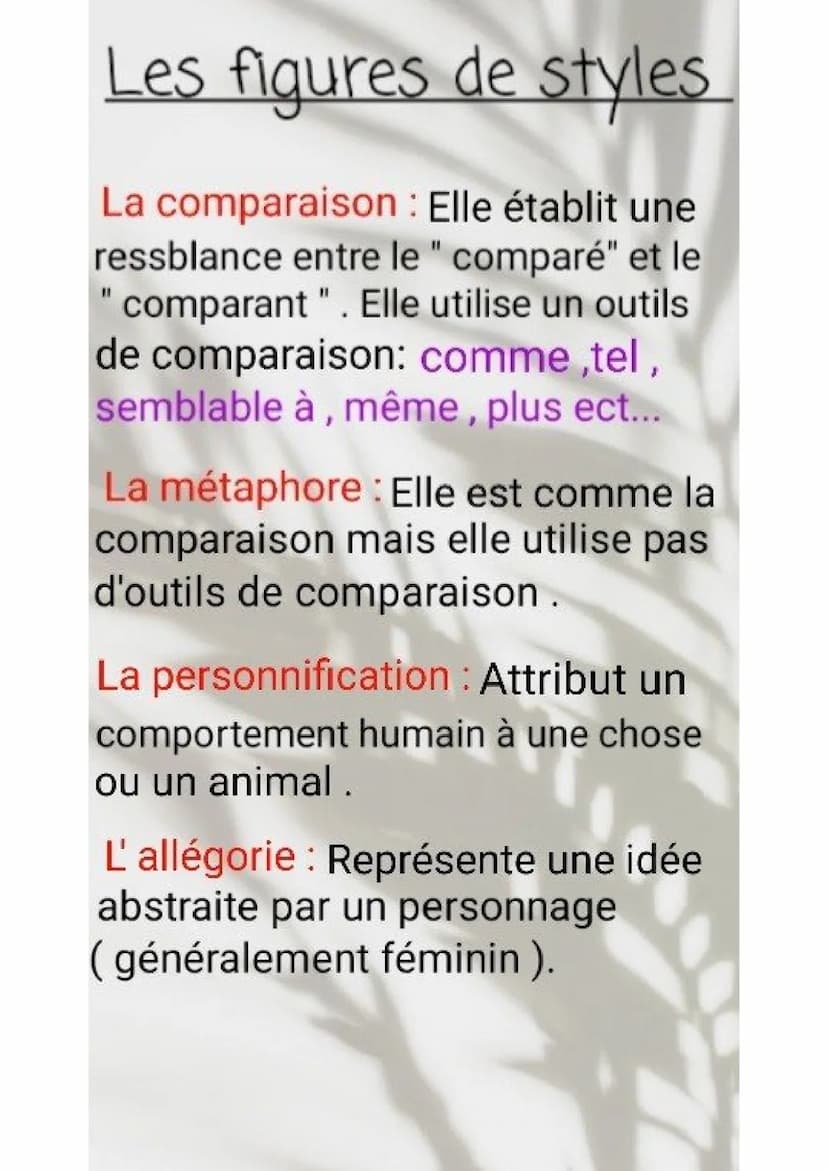 Français
Les figures de
styles
3 ème
Study - Good
vibes Les figures de styles
La comparaison : Elle établit une
ressblance entre le " compar