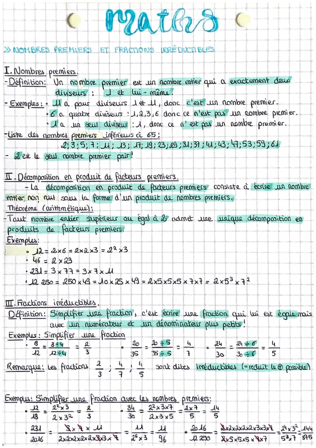 »NOMBRES PREMIERS ET FRACTIONS IRRÉDUCTIBLES
I. Nombres premiers.
- Définition: Un nombre premier est un nombre entier qui a exactement deux