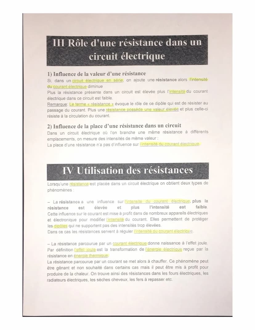 ●
●
Chapitre 5: Les résistances électriques
I Qu'est-ce qu'une résistance ?
Une résistance est un dipôle de forme cylindrique dont les deux 