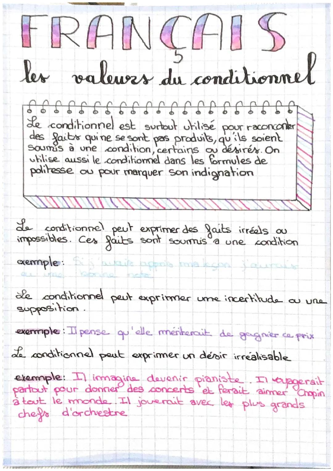 FRANÇAIS
les valeurs du conditionnel
6 6 6 6 6 6 6
6 6 6 6 6 6 7
Le conditionnel est surtout utilisé pour raconconter
des faits qui ne se so