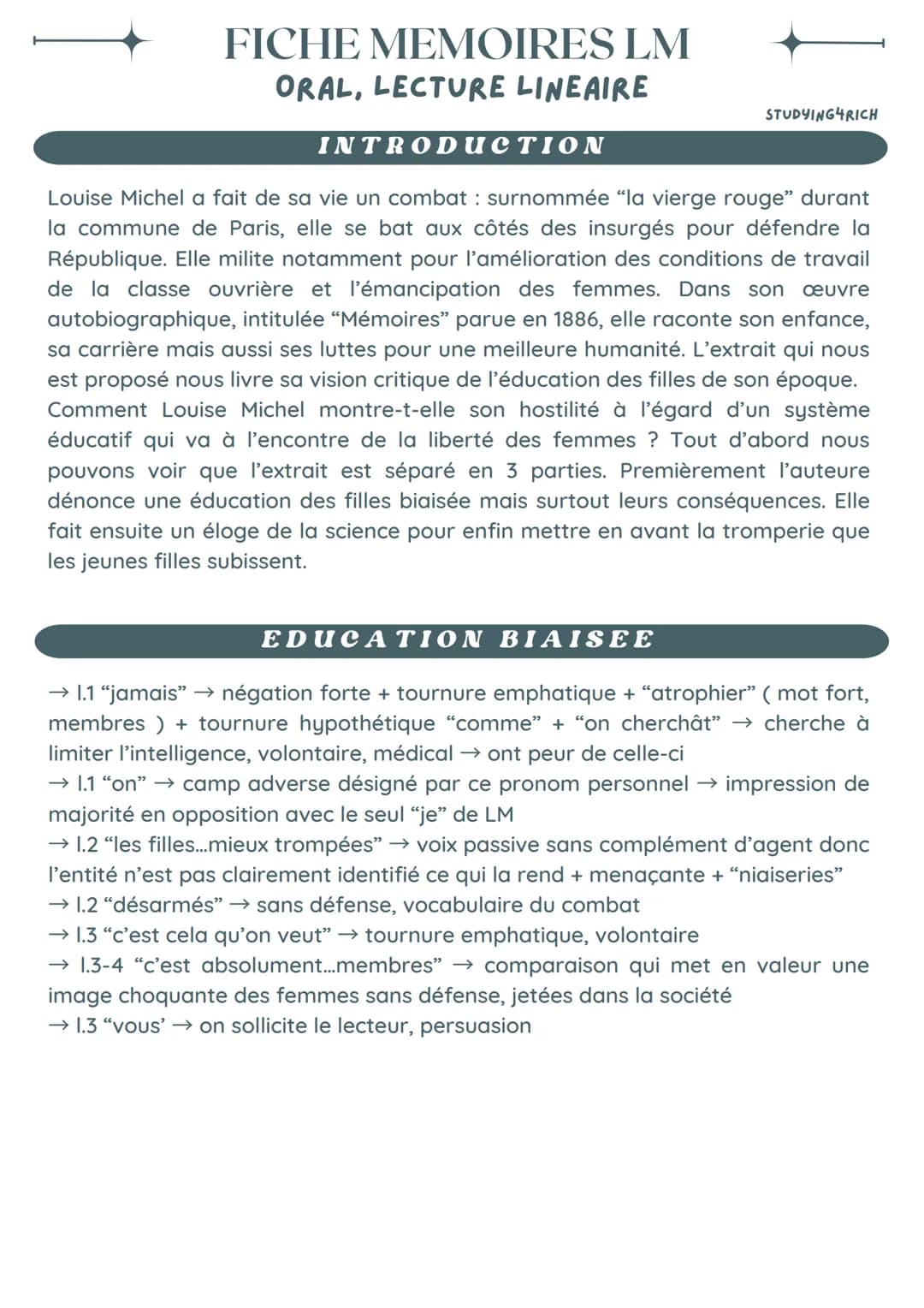 FICHE MEMOIRES LM
ORAL, LECTURE LINEAIRE
INTRODUCTION
STUDYING4RICH
Louise Michel a fait de sa vie un combat : surnommée "la vierge rouge" d