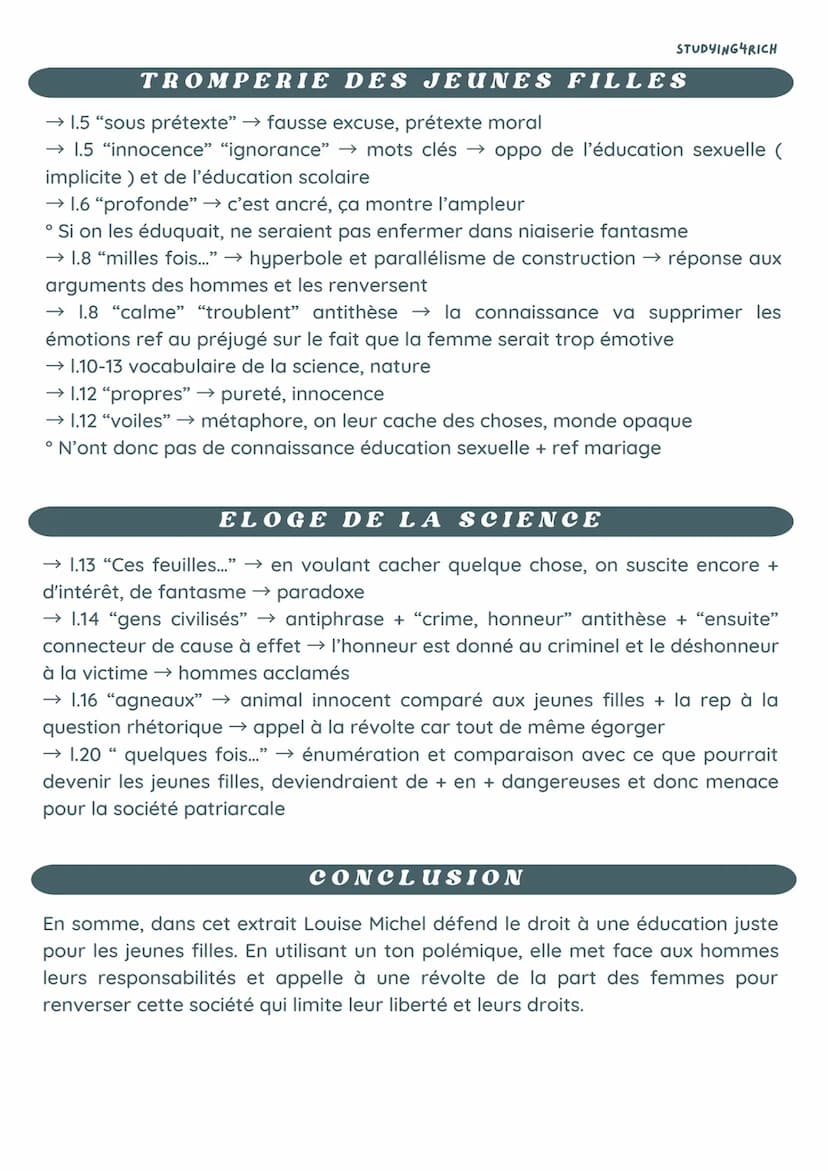 FICHE MEMOIRES LM
ORAL, LECTURE LINEAIRE
INTRODUCTION
STUDYING4RICH
Louise Michel a fait de sa vie un combat : surnommée "la vierge rouge" d