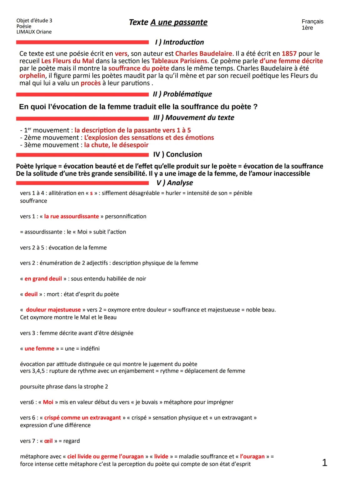 Objet d'étude 3
Poésie
LIMAUX Oriane
1) Introduction
Ce texte est une poésie écrit en vers, son auteur est Charles Baudelaire. Il a été écri