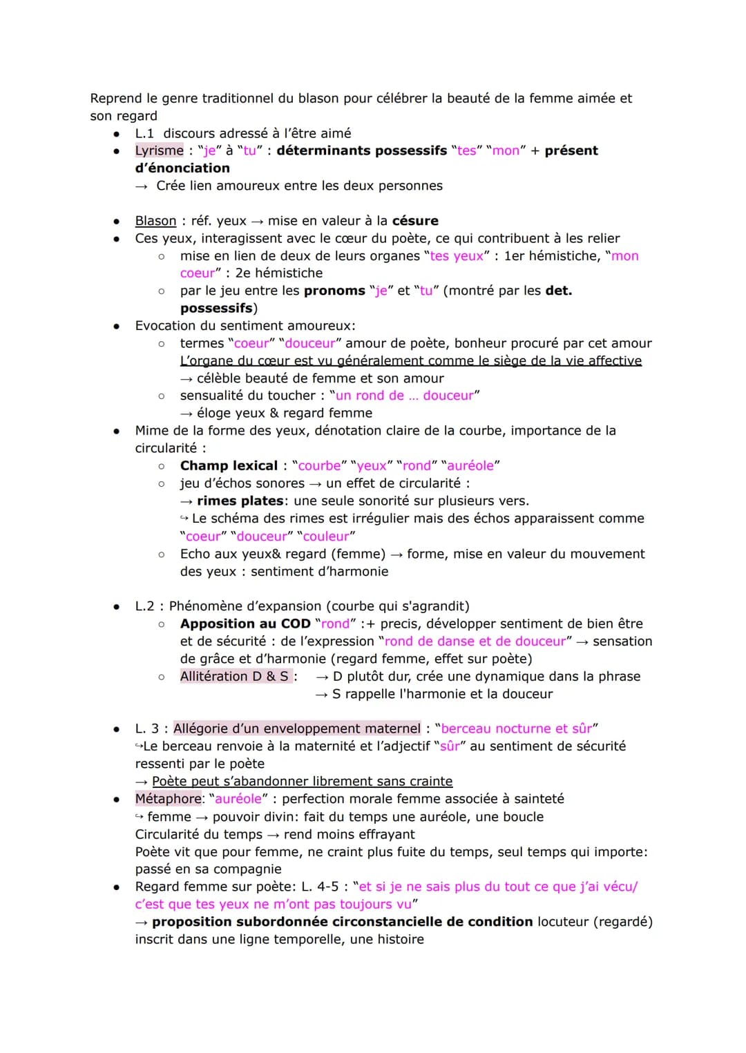 Reprend le genre traditionnel du blason pour célébrer la beauté de la femme aimée et
son regard
L.1 discours adressé à l'être aimé
Lyrisme: 