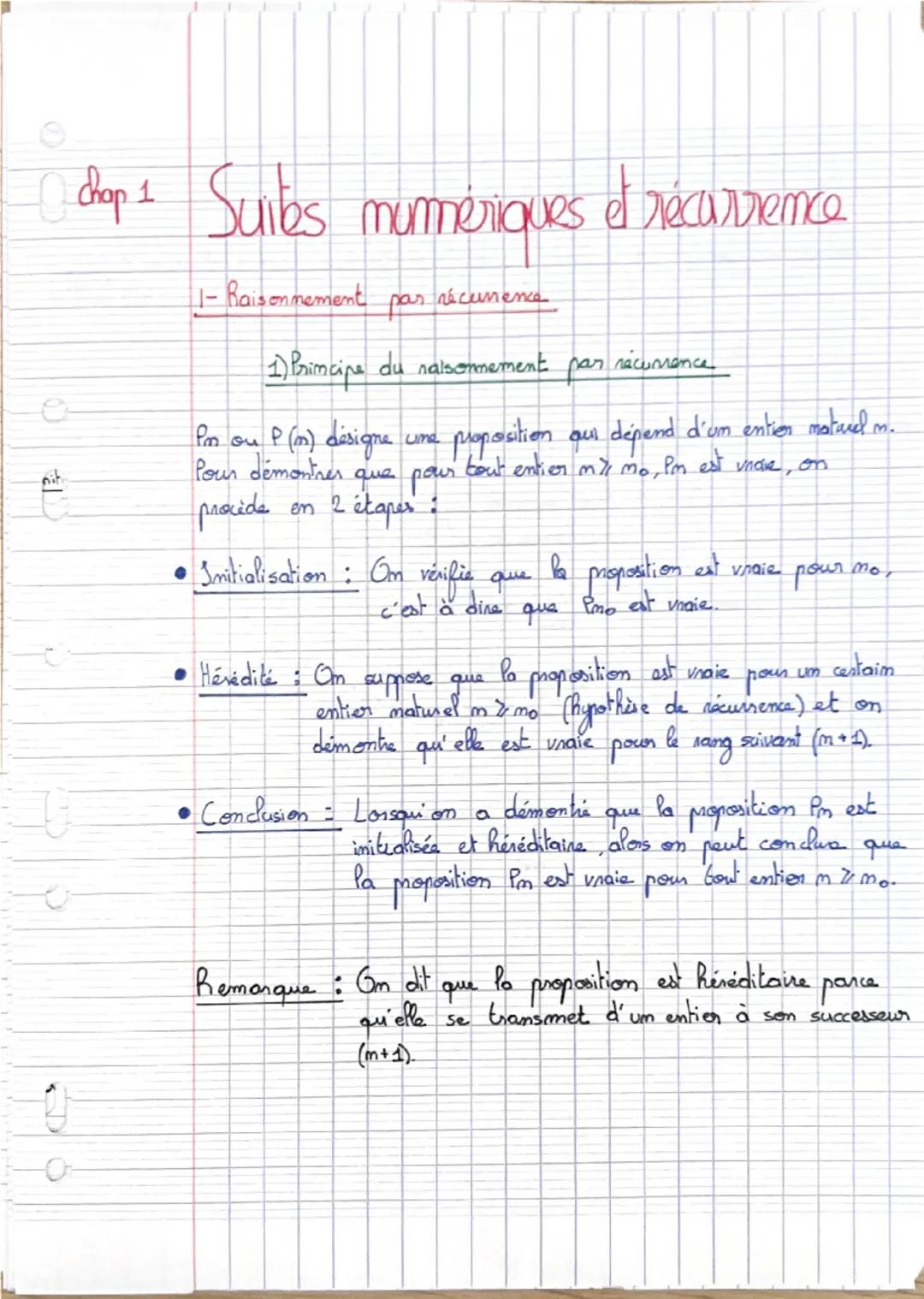 chap 1 Suites numériques et récurrence

1- Raisonnement par récurrence

1) Principe du raisonnement par récurrence

Pm ou P(m) désigne une p