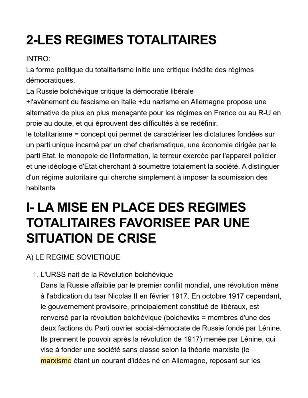 2-LES REGIMES TOTALITAIRES
INTRO:
La forme politique du totalitarisme initie une critique inédite des régimes
démocratiques.
La Russie bolch