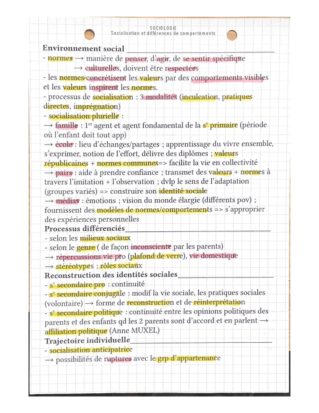 SOCIOLOGIE
Socialisation et différences de comportements
Définitions
- norme : règle ou modèle de conduite très largement suivi.es dans
une 