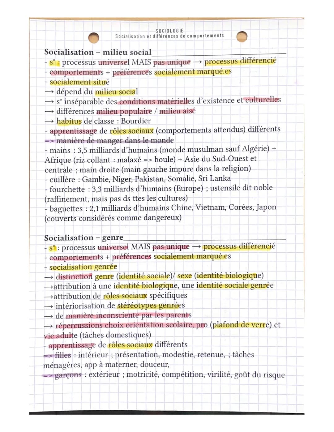 SOCIOLOGIE
Socialisation et différences de comportements
Définitions
- norme : règle ou modèle de conduite très largement suivi.es dans
une 