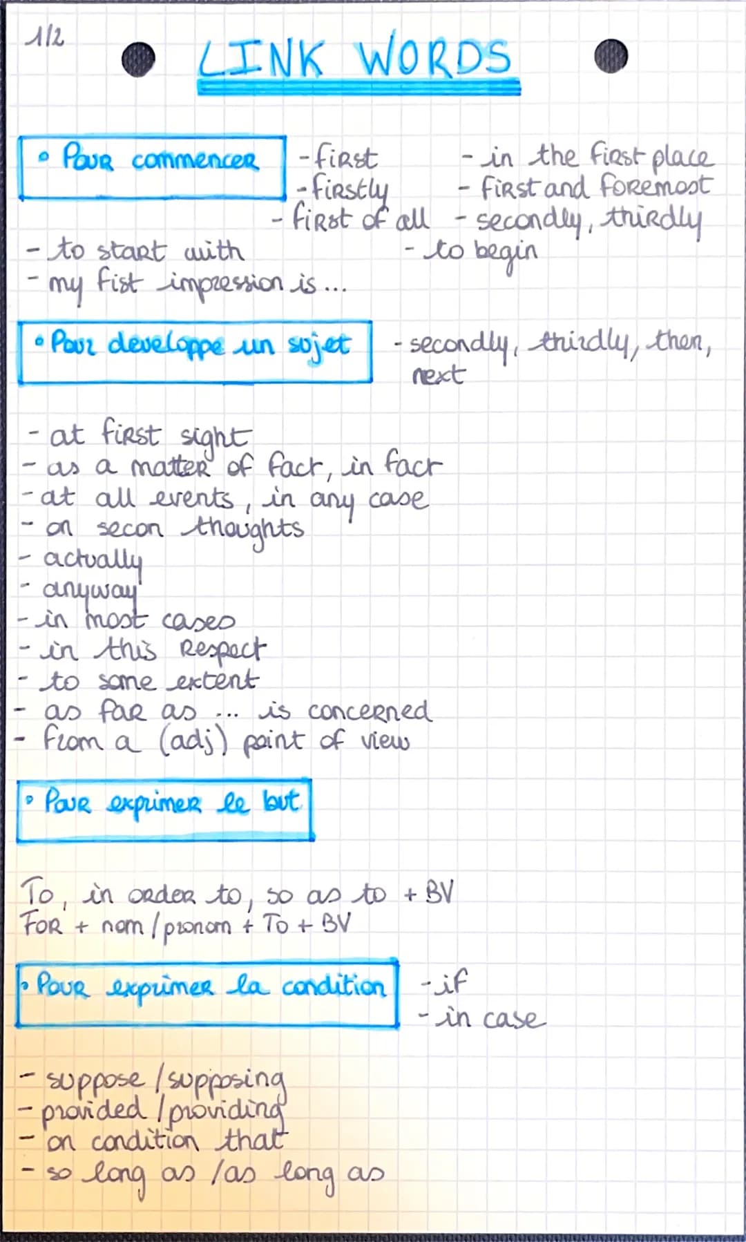 112
O
-
LINK WORDS
Pour commencer
- to start with
my
• Pauz developpe un sojet
-
actually
anyway
- in most cases
- in this Respect
to some e
