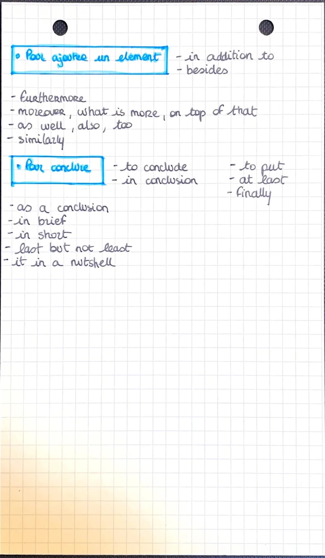 112
O
-
LINK WORDS
Pour commencer
- to start with
my
• Pauz developpe un sojet
-
actually
anyway
- in most cases
- in this Respect
to some e