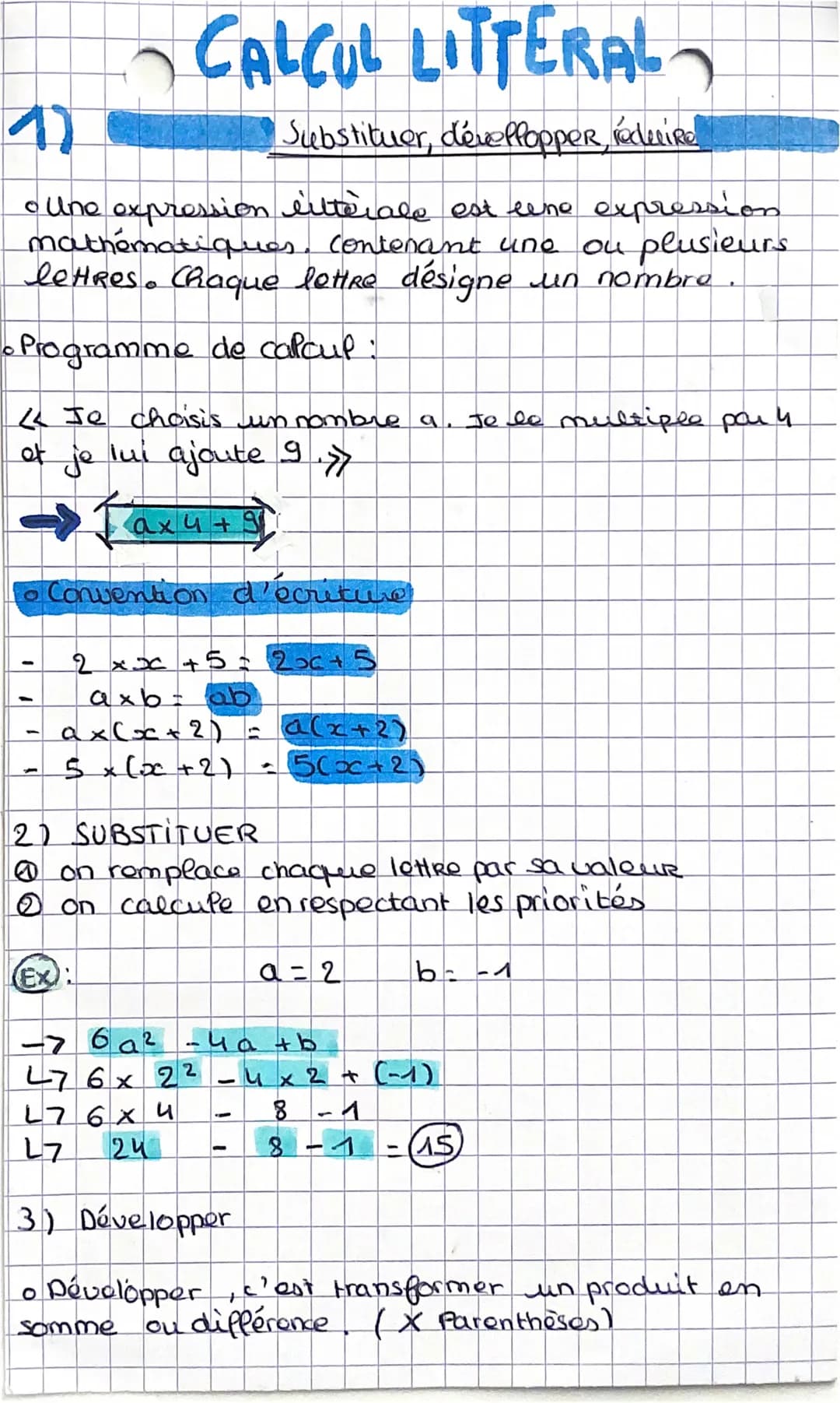 CALCUL LITTERAL
Substituer, développer recluire
• Une expression litterale est line expression
mathématiques, contenant une ou plusieurs
let