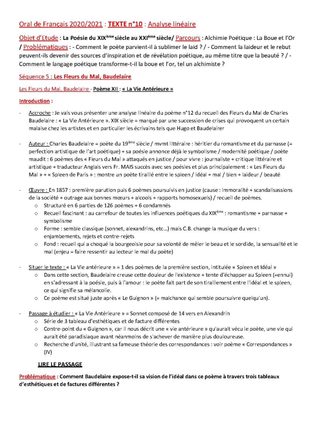 La vie antérieure Baudelaire : Explication linéaire et Analyse - Les Fleurs du Mal