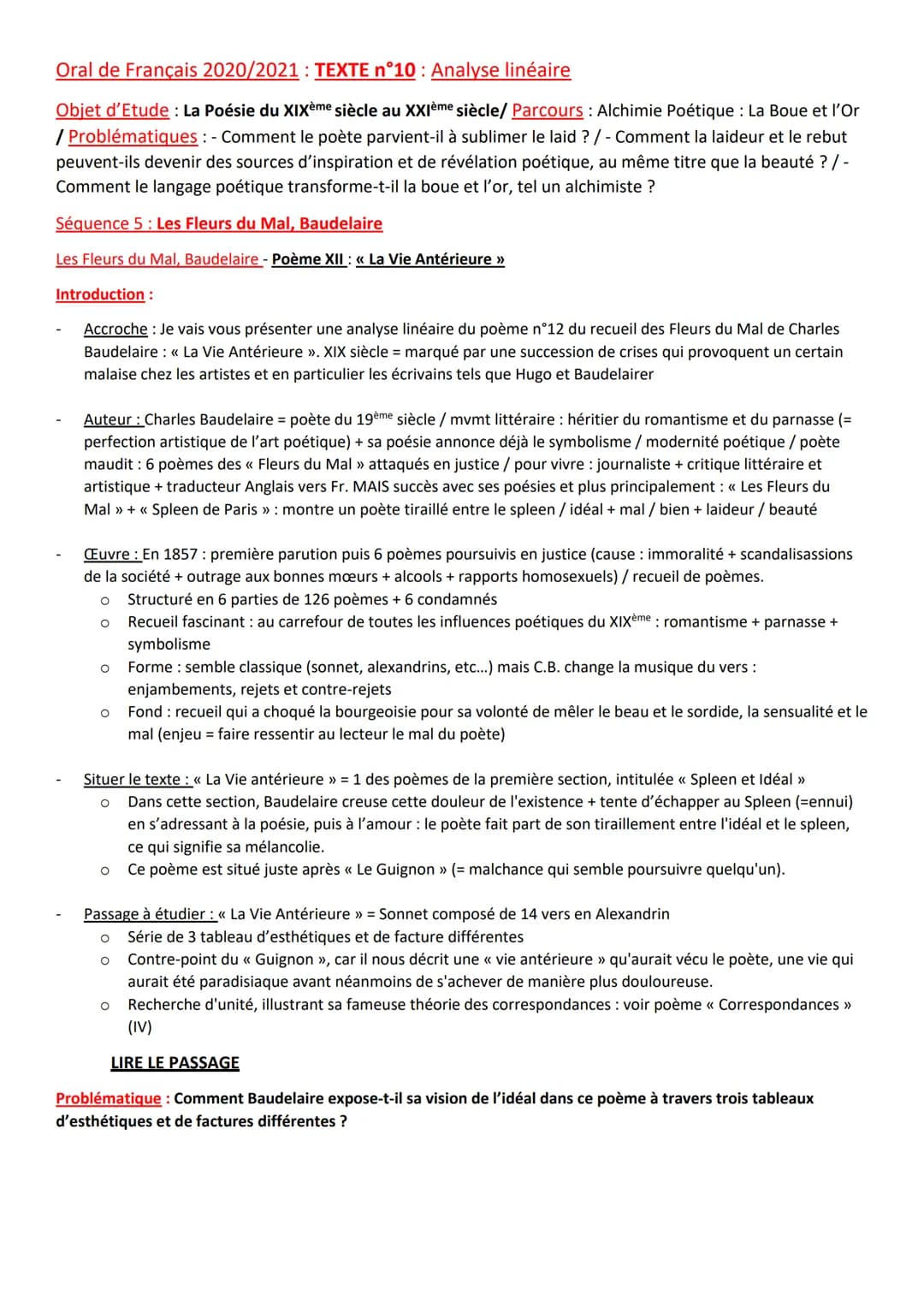 Oral de Français 2020/2021: TEXTE n°10: Analyse linéaire
Objet d'Etude: La Poésie du XIXème siècle au XXIème siècle/ Parcours : Alchimie Poé