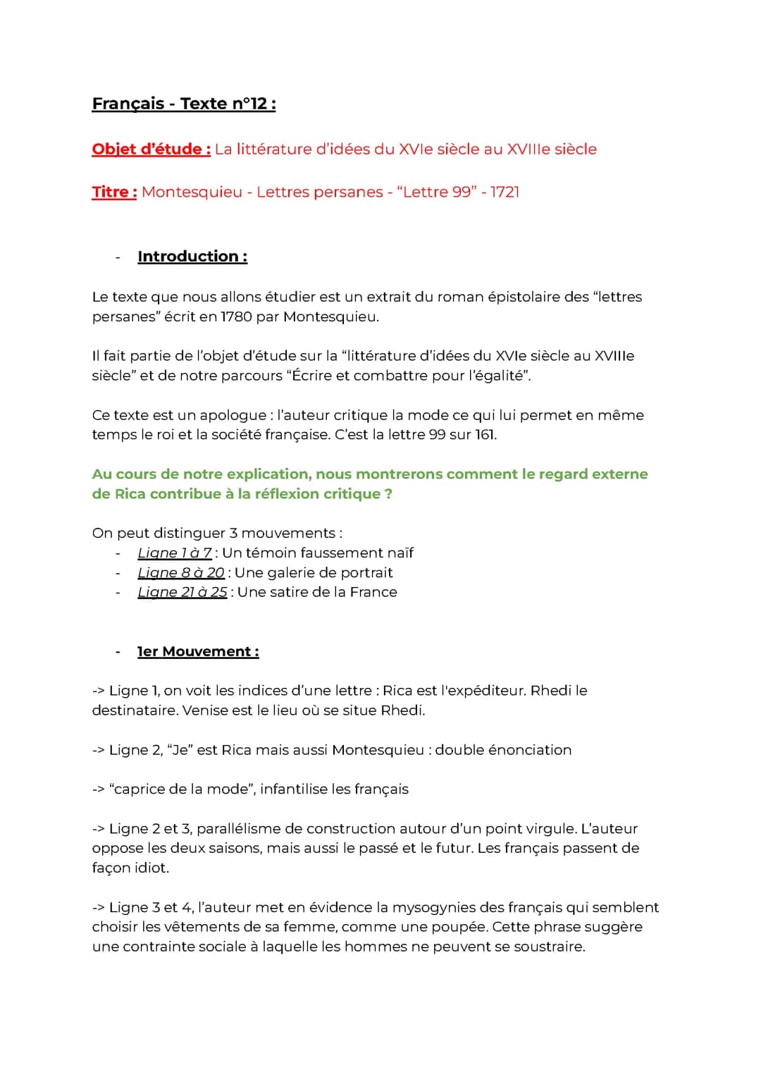 Analyse linéaire - Lettres persanes - "Lettre 99" de Montesquieu - 1721
