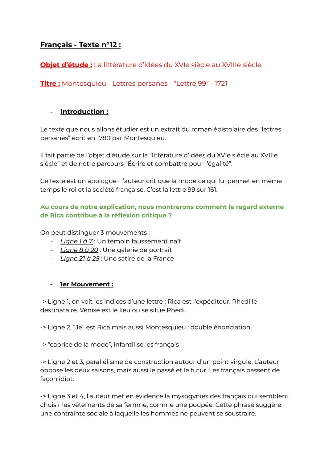 Français - Texte n°12:
Objet d'étude : La littérature d'idées du XVIe siècle au XVIIIe siècle
Titre: Montesquieu - Lettres persanes - "Lettr
