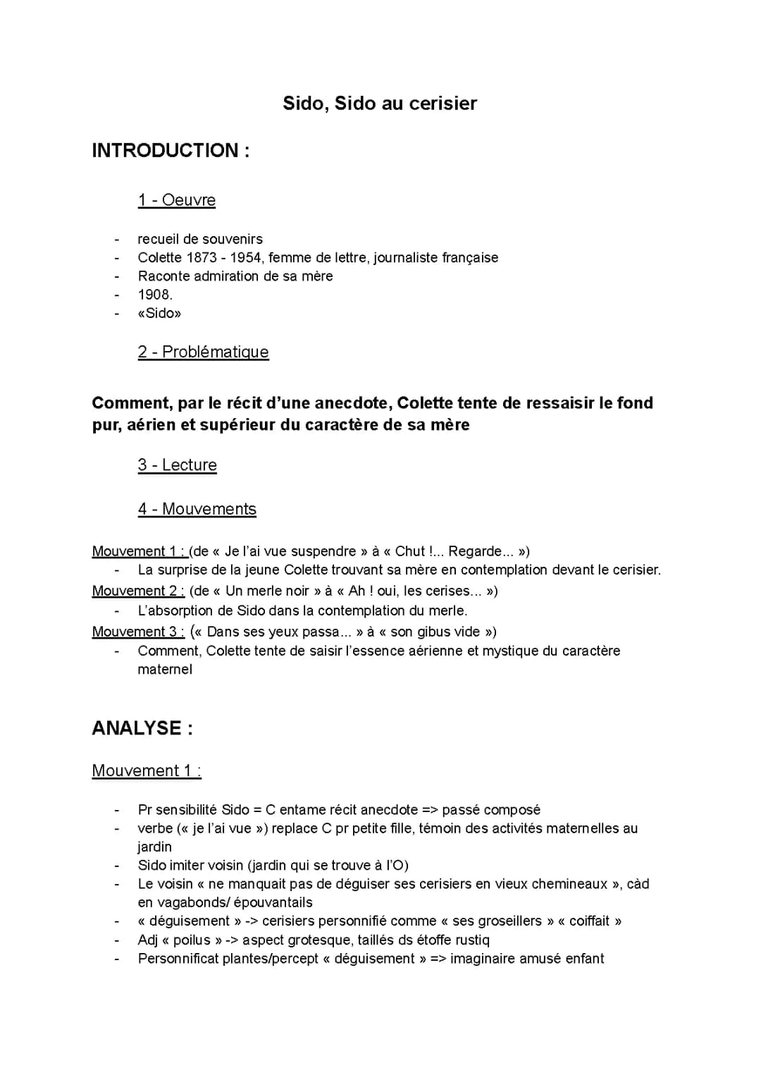 Lecture linéaire le merle et le cerisier, Sido