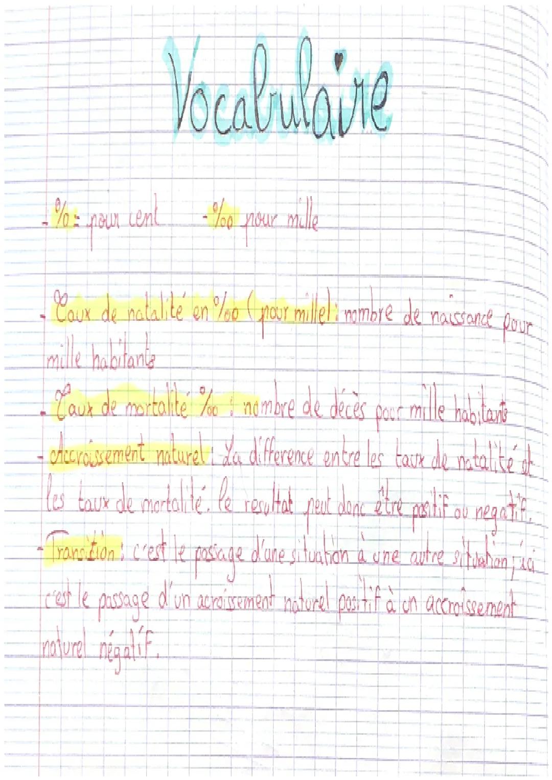 Vocabulaire
-% = pour cent
- pour
-% pour mille
Coux on
de natalité en /0 (pour millel i mombre de naissance pour
de
mille hibitarte
Naux de
