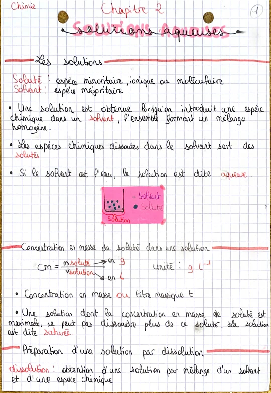 Chimie
Chapitre 2
solutions aqueuses
•Les solutions
Solute espèce minoritaire, ionique ou moléculaire
Solvant espèce majoritaire.
• Une solu