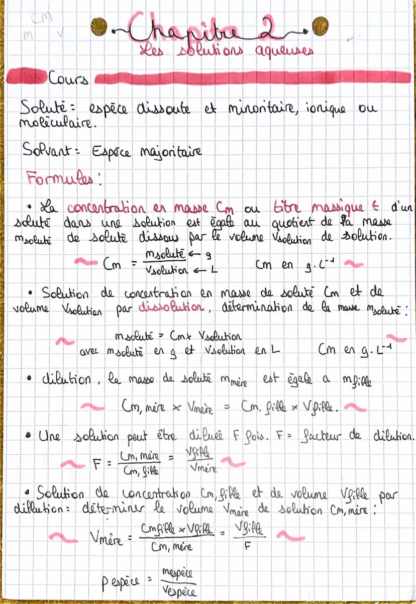 Chimie
Chapitre 2
solutions aqueuses
•Les solutions
Solute espèce minoritaire, ionique ou moléculaire
Solvant espèce majoritaire.
• Une solu