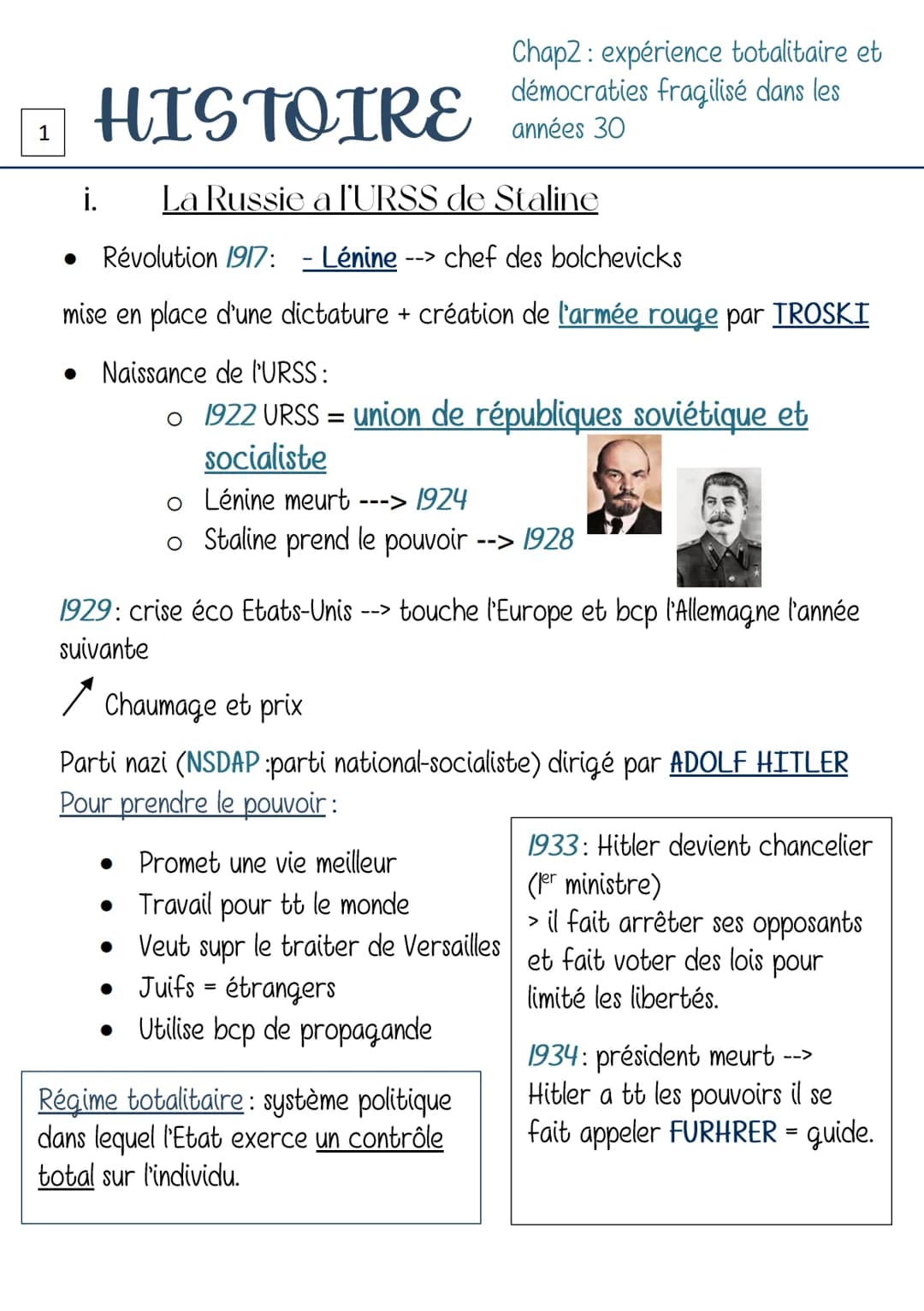 1
HISTOIRE
La Russie a l'URSS de Staline
Révolution 1917: - Lénine - --> chef des bolchevicks
mise en place d'une dictature + création de l'