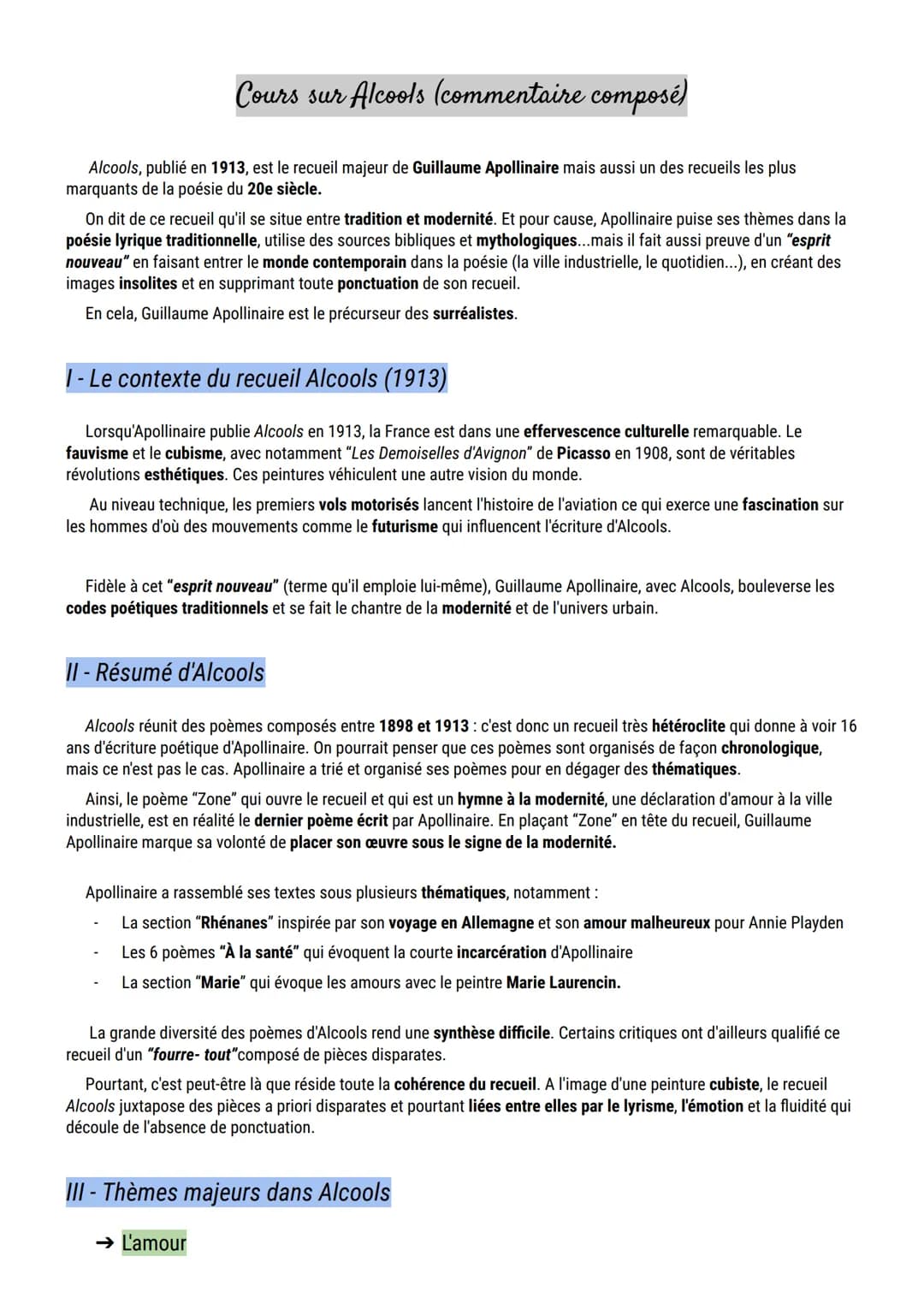 Cours sur Alcools (commentaire composé)
Alcools, publié en 1913, est le recueil majeur de Guillaume Apollinaire mais aussi un des recueils l