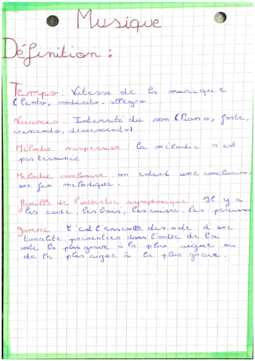 ● Musique
Définition:
Tempo: Vitesse de
(Pento, moderato allegro
Melodie
pas terminie
Nuances: Intensité du son
crescendo, decrescendo).
sus