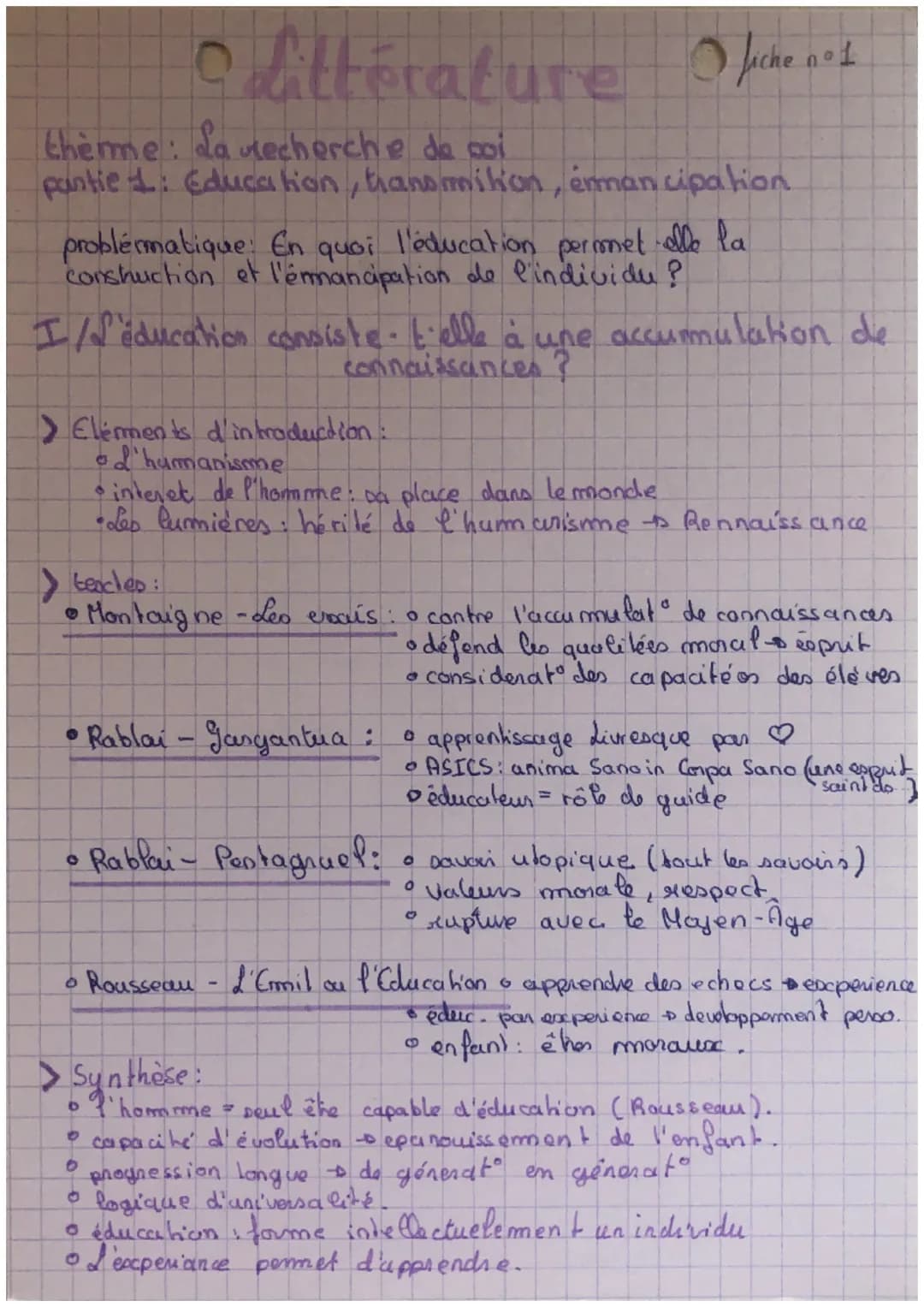 Odittérature fiche as
nº 1
therme: La recherche de poi
partie 1: Education, transmition, emancipation
problématique: En quoi l'éducation per