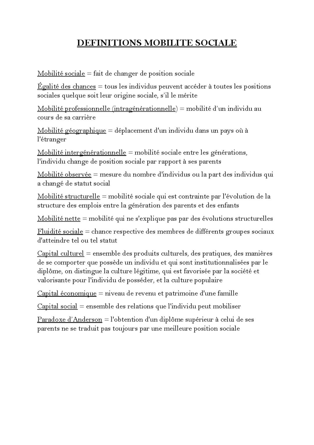 DEFINITIONS SES TERMINALE MOBILITE SOCIALE